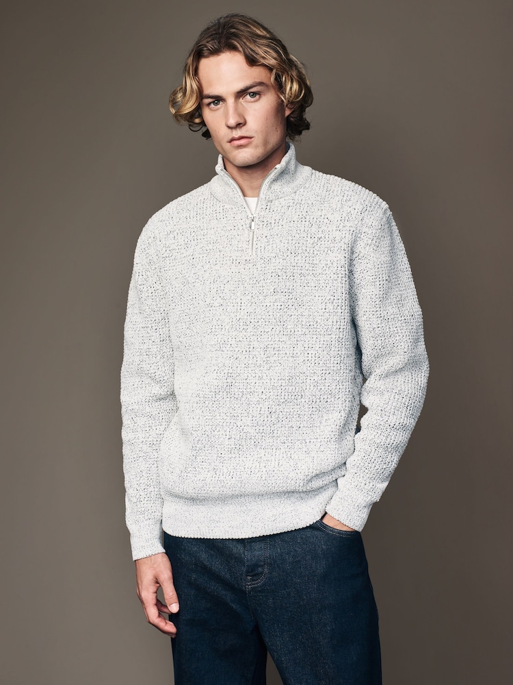 Ecru White Quarter Zip Regular Fit Chenille Texture Jumper - Image 4 of 9