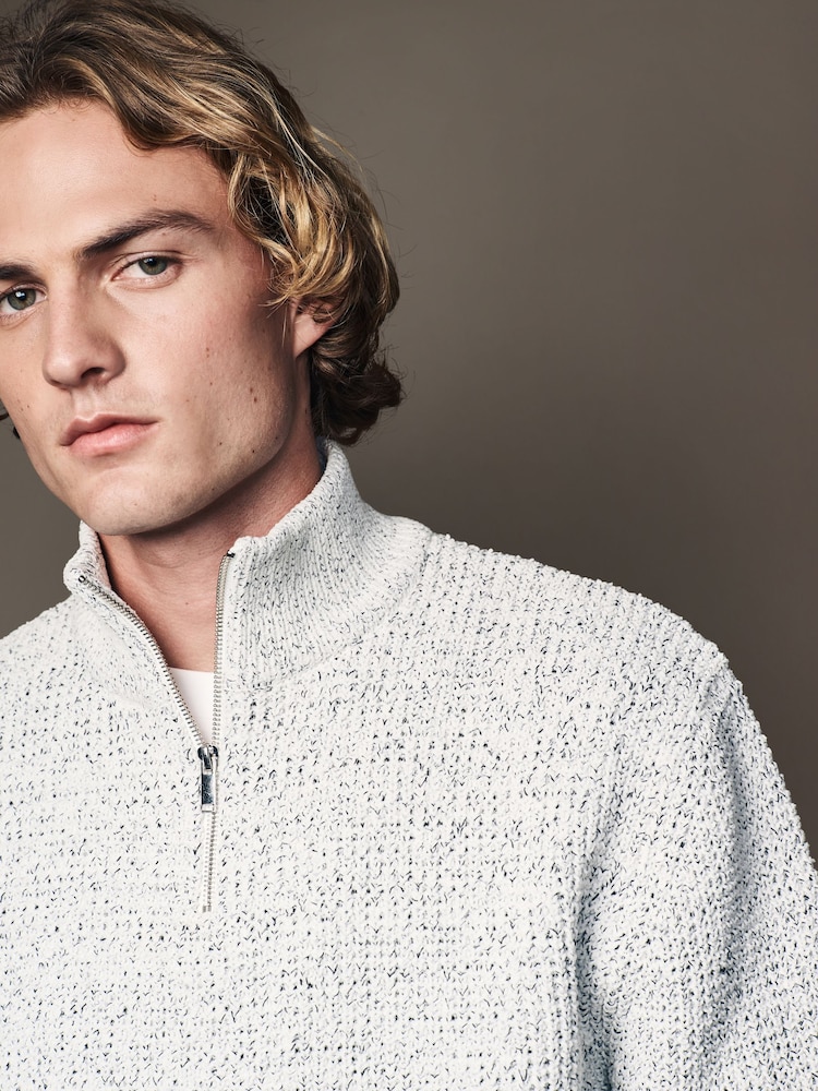 Ecru White Quarter Zip Regular Fit Chenille Texture Jumper - Image 5 of 9