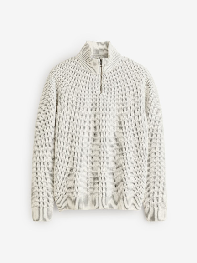 Ecru White Quarter Zip Regular Fit Chenille Texture Jumper - Image 6 of 9