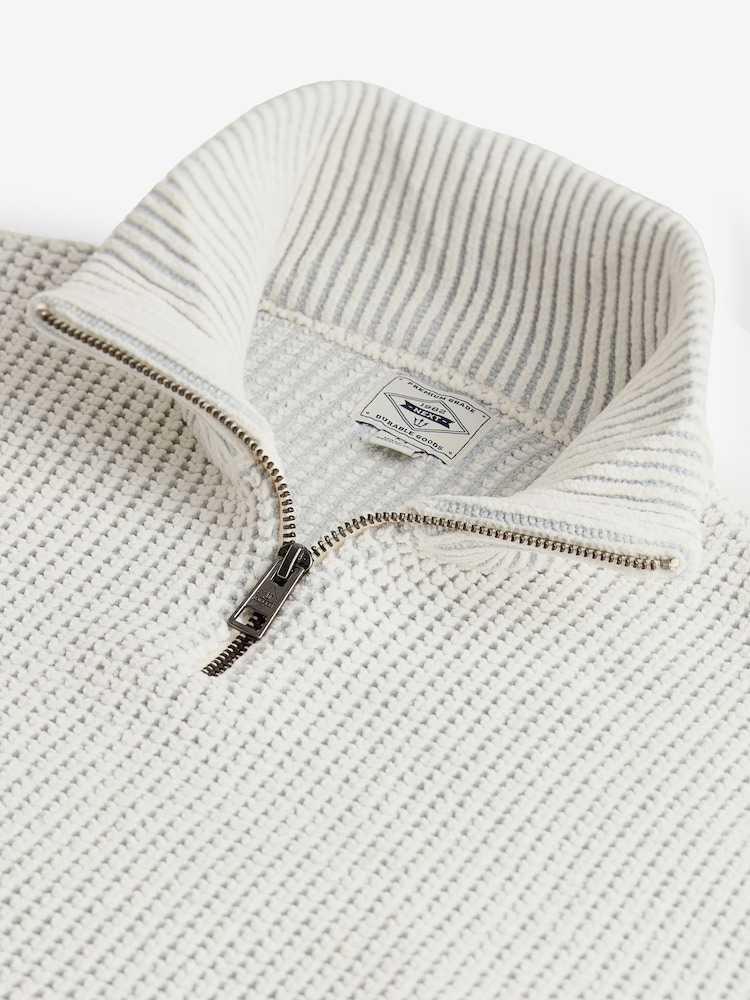 Ecru White Quarter Zip Regular Fit Chenille Texture Jumper - Image 7 of 9