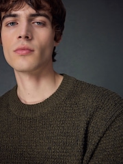 Khaki Green Regular Fit Textured Waffle Crew Neck Jumper - Image 1 of 8