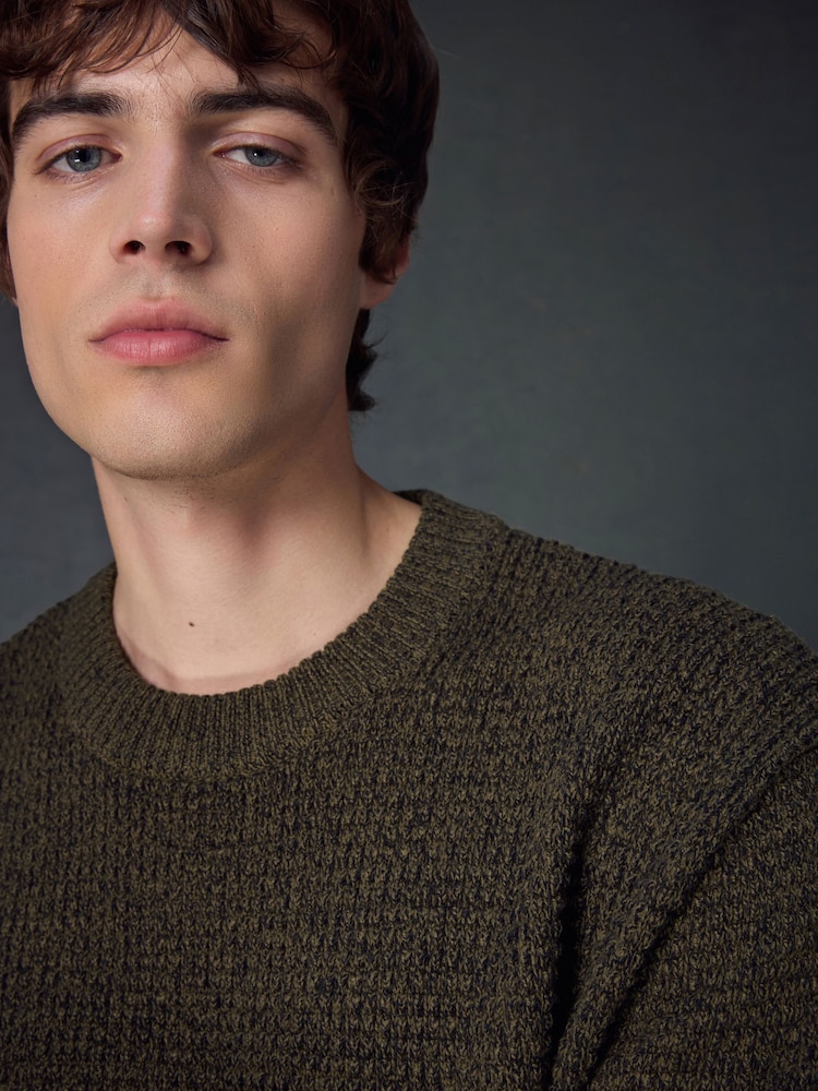 Khaki Green Regular Fit Textured Waffle Crew Neck Jumper - Image 1 of 8
