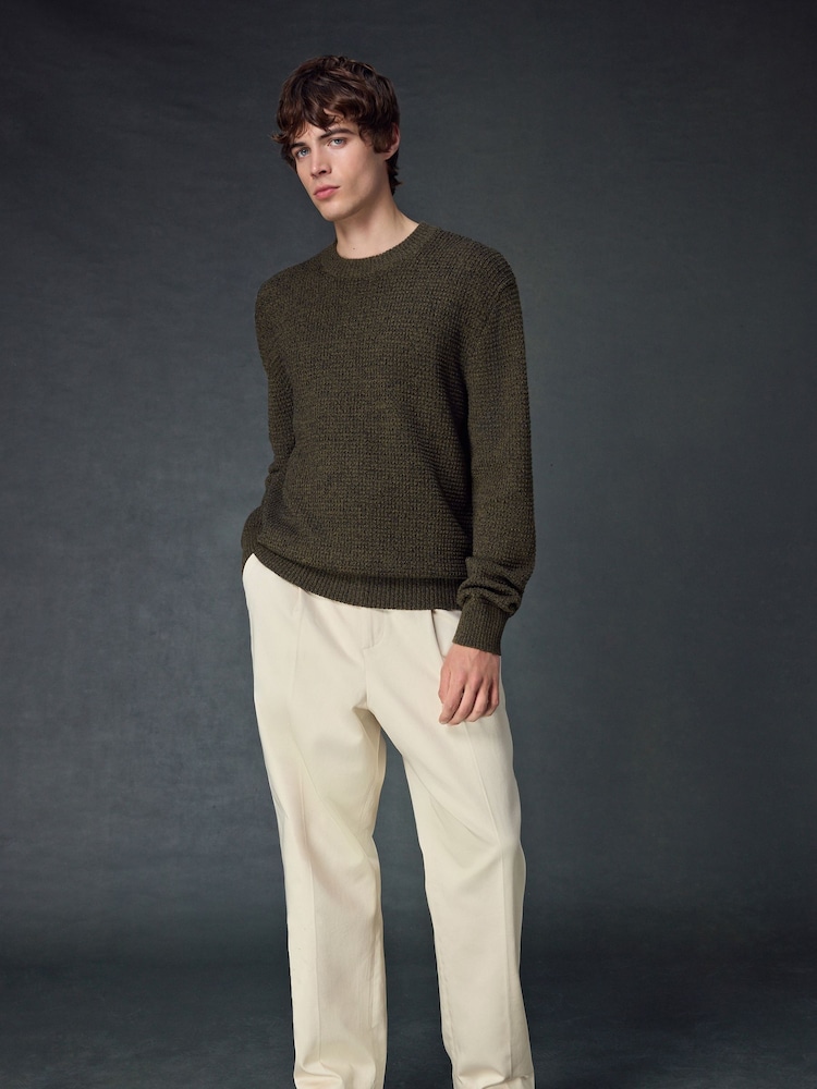 Khaki Green Regular Fit Textured Waffle Crew Neck Jumper - Image 2 of 8