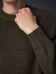 Khaki Green Regular Fit Textured Waffle Crew Neck Jumper - Image 6 of 8