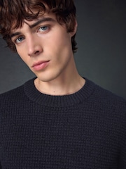 Navy Blue Regular Fit Textured Waffle Crew Neck Jumper - Image 1 of 8