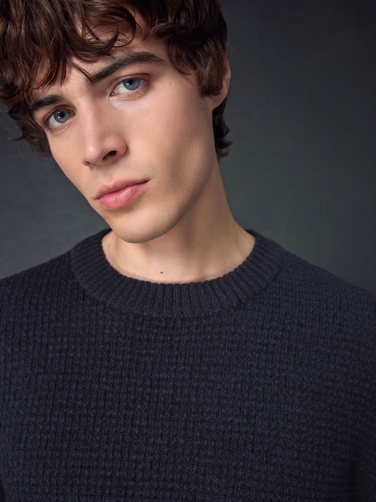 Navy Blue Regular Fit Textured Waffle Crew Neck Jumper - Image 1 of 8