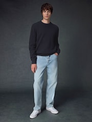Navy Blue Regular Fit Textured Waffle Crew Neck Jumper - Image 2 of 8