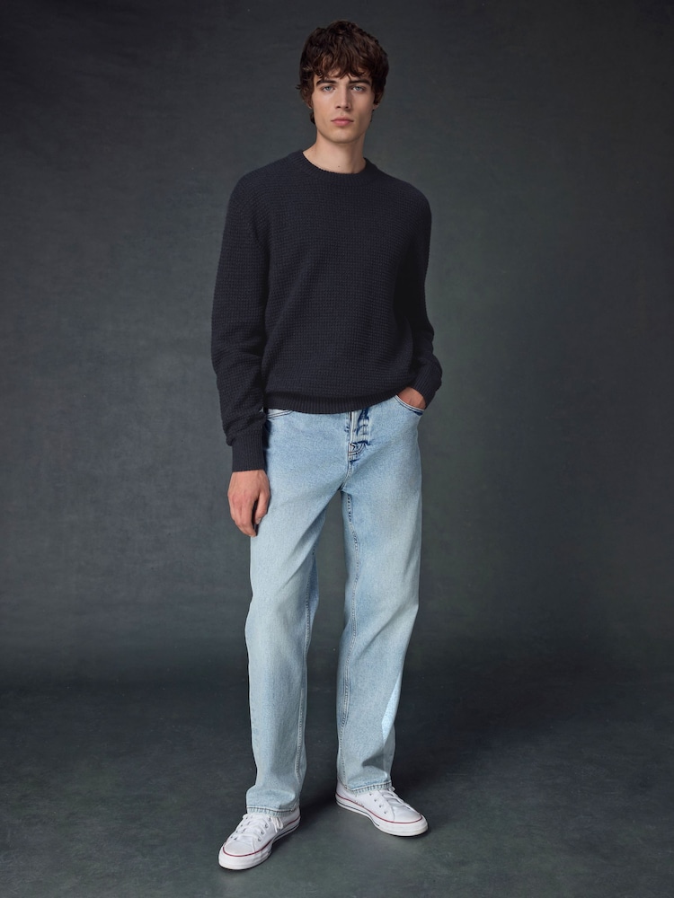 Navy Blue Regular Fit Textured Waffle Crew Neck Jumper - Image 2 of 8