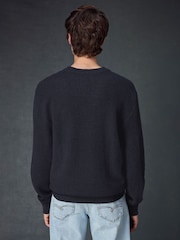 Navy Blue Regular Fit Textured Waffle Crew Neck Jumper - Image 3 of 8