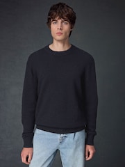 Navy Blue Regular Fit Textured Waffle Crew Neck Jumper - Image 5 of 8
