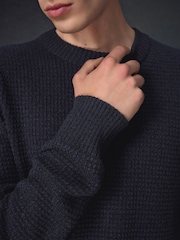 Navy Blue Regular Fit Textured Waffle Crew Neck Jumper - Image 6 of 8