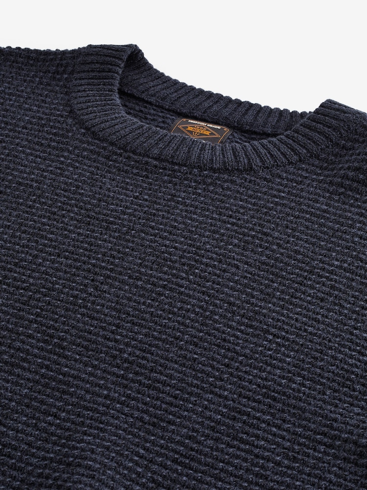 Navy Blue Regular Fit Textured Waffle Crew Neck Jumper - Image 8 of 8