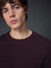 Burgundy Red Regular Fit Textured Waffle Crew Neck Jumper - Image 1 of 8