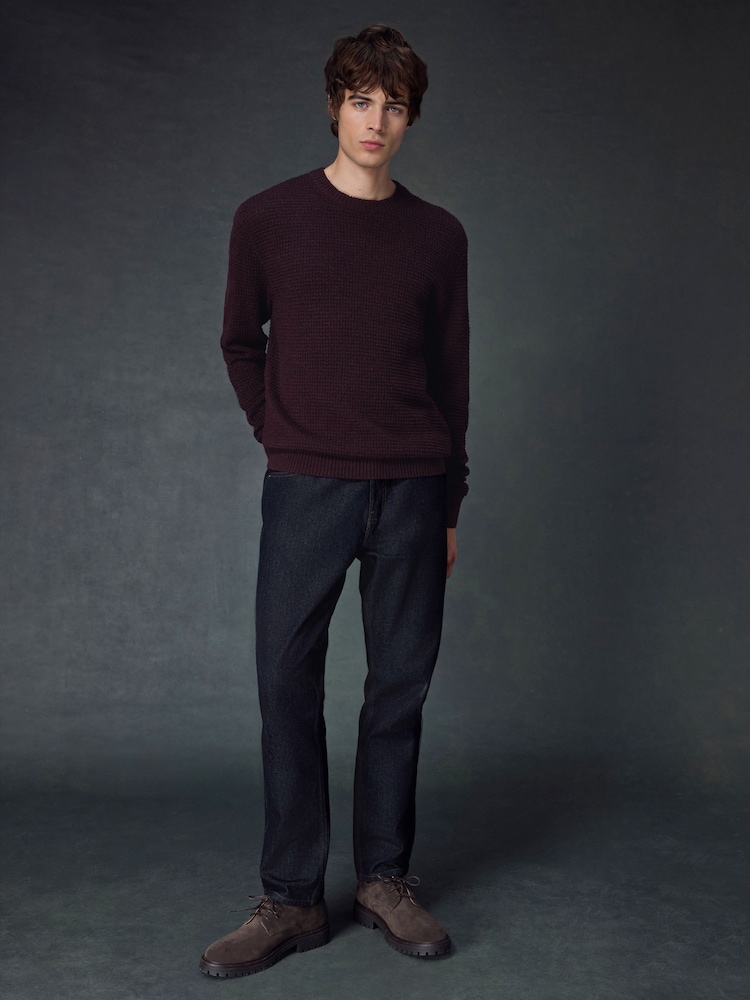 Burgundy Red Regular Fit Textured Waffle Crew Neck Jumper - Image 2 of 8