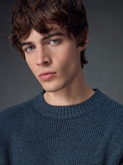 Navy Blue Regular Fit Cotton Rich Textured Crew Jumper - Image 1 of 8