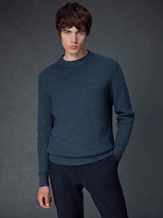 Navy Blue Regular Fit Cotton Rich Textured Crew Jumper - Image 4 of 8