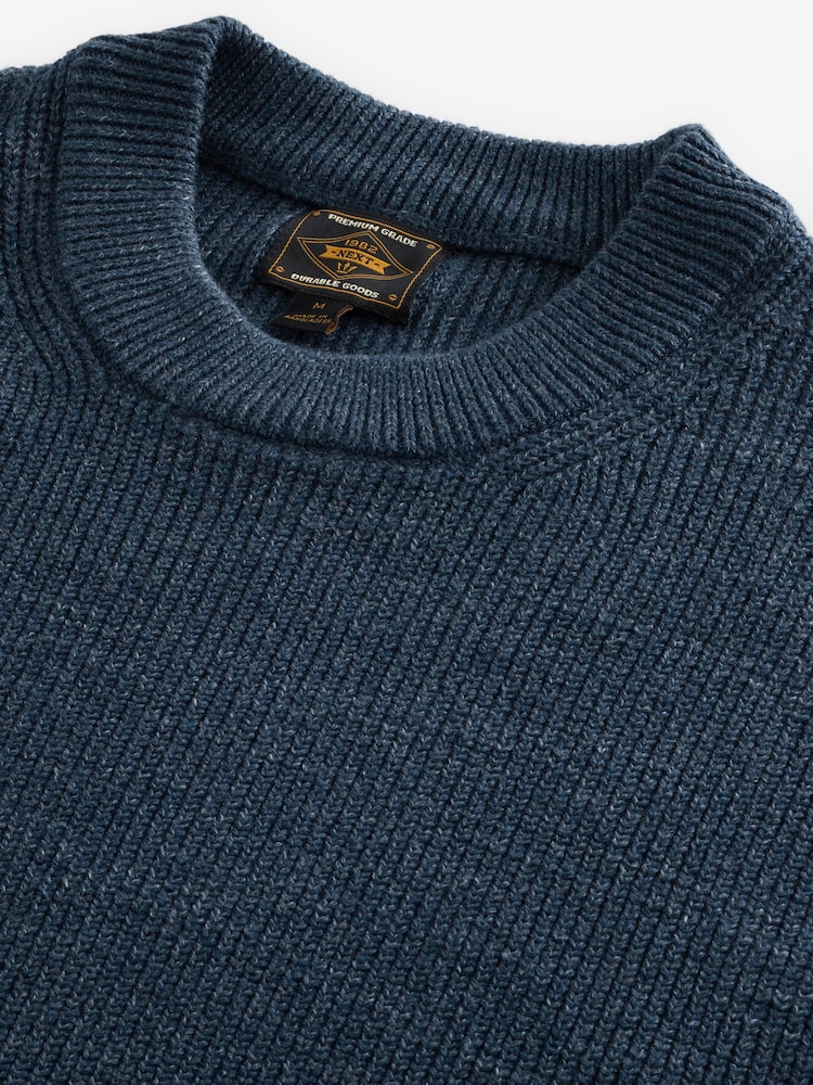 Navy Blue Regular Fit Cotton Rich Textured Crew Jumper - Image 8 of 8