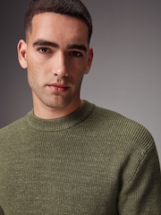 Khaki Green Regular Fit Cotton Rich Textured Crew Jumper - Image 1 of 7