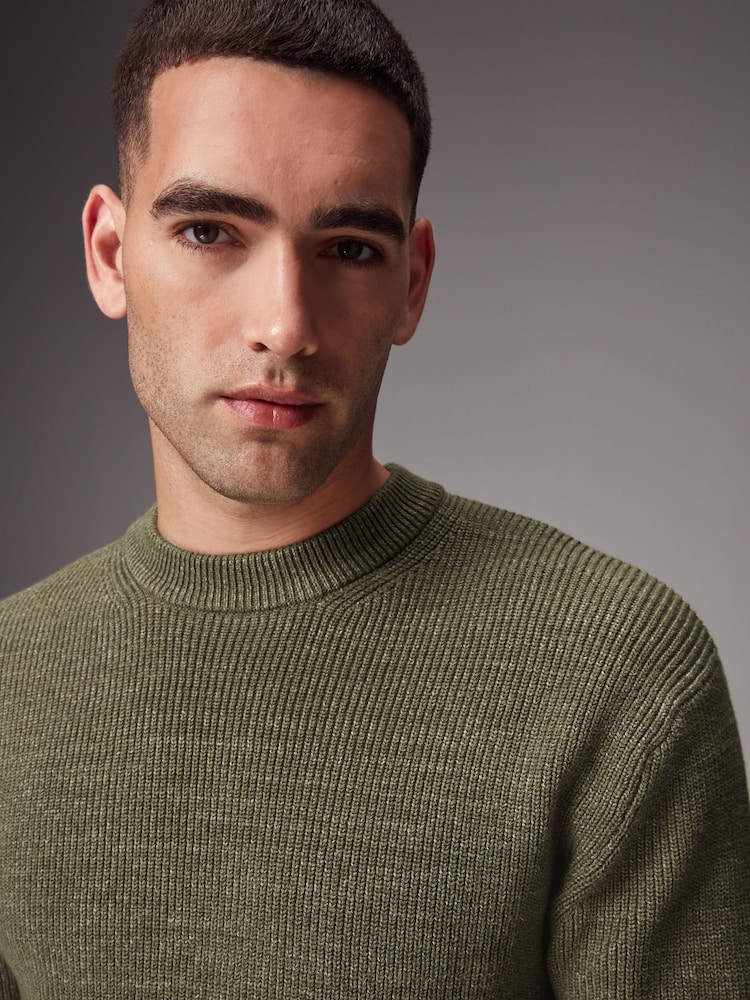 Khaki Green Regular Fit Cotton Rich Textured Crew Jumper - Image 1 of 7