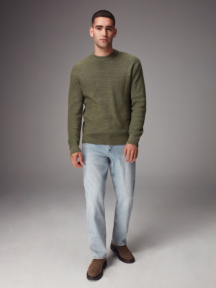 Khaki Green Regular Fit Cotton Rich Textured Crew Jumper - Image 2 of 7