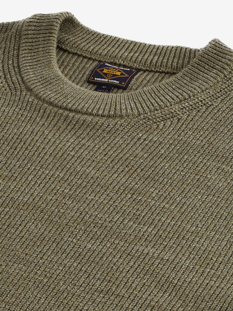 Khaki Green Regular Fit Cotton Rich Textured Crew Jumper - Image 7 of 7