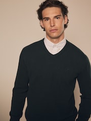 Dark Green Oxford V-Neck Regular 100% Cotton Mock Shirt Jumper - Image 1 of 7