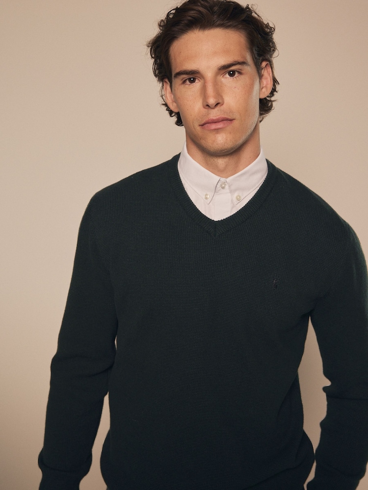 Dark Green Oxford V-Neck Regular 100% Cotton Mock Shirt Jumper - Image 1 of 7