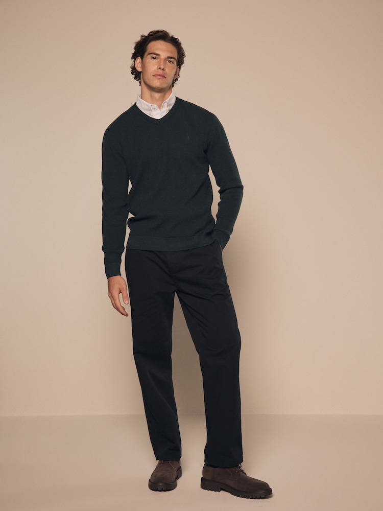 Dark Green Oxford V-Neck Regular 100% Cotton Mock Shirt Jumper - Image 2 of 7