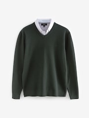 Dark Green Oxford V-Neck Regular 100% Cotton Mock Shirt Jumper - Image 5 of 7
