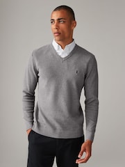 Charcoal Grey Oxford V-Neck Regular Mock Shirt Jumper - Image 1 of 7