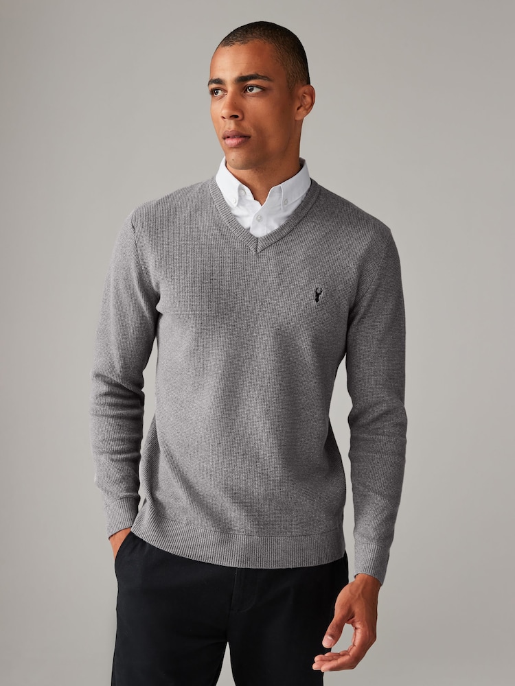 Charcoal Grey Oxford V-Neck Regular Mock Shirt Jumper - Image 1 of 7