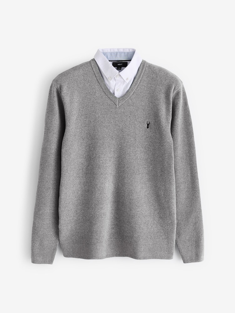 Charcoal Grey Oxford V-Neck Regular Mock Shirt Jumper - Image 5 of 7