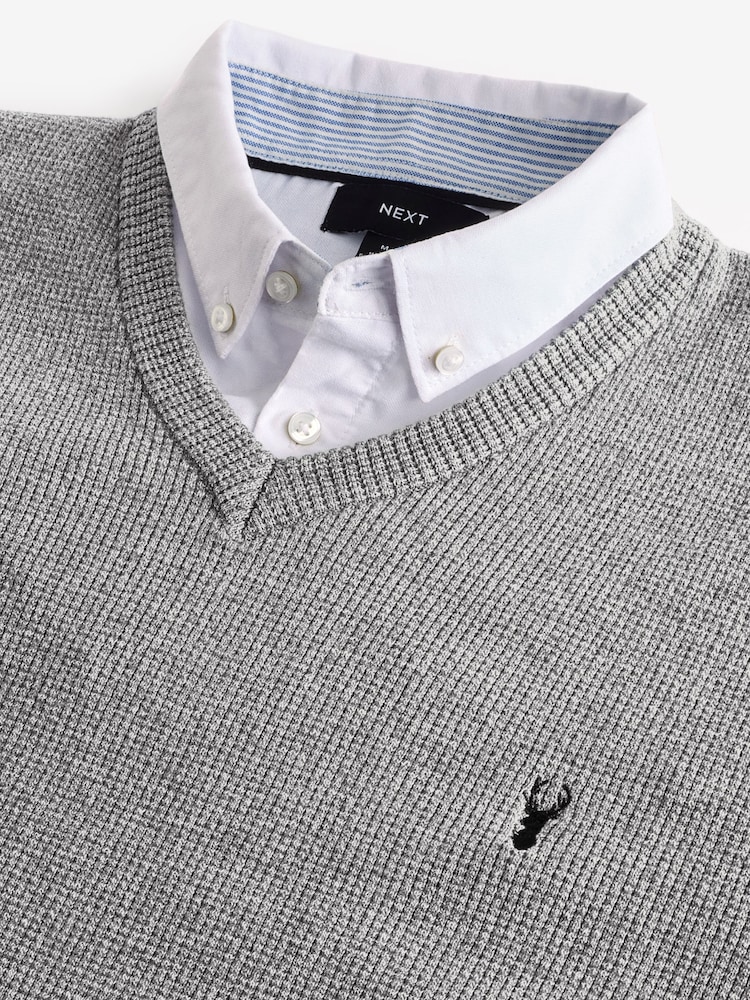 Charcoal Grey Oxford V-Neck Regular Mock Shirt Jumper - Image 7 of 7