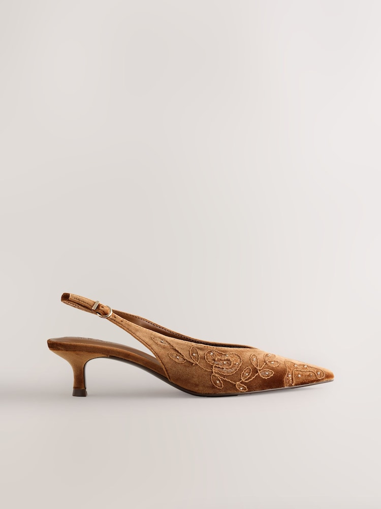 Ochre Yellow Forever Comfort® Velvet Embroidered Slingback Heels - Image 1 of 9