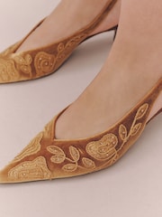 Ochre Yellow Forever Comfort® Velvet Embroidered Slingback Heels - Image 4 of 9