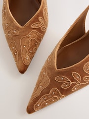 Ochre Yellow Forever Comfort® Velvet Embroidered Slingback Heels - Image 8 of 9