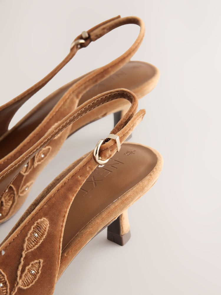Ochre Yellow Forever Comfort® Velvet Embroidered Slingback Heels - Image 9 of 9