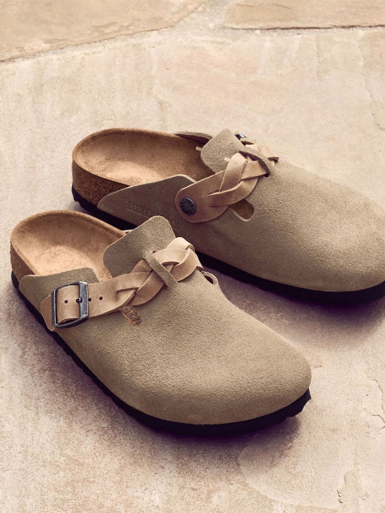 Birkenstock Taupe Boston Suede Braided Clogs - Image 1 of 9