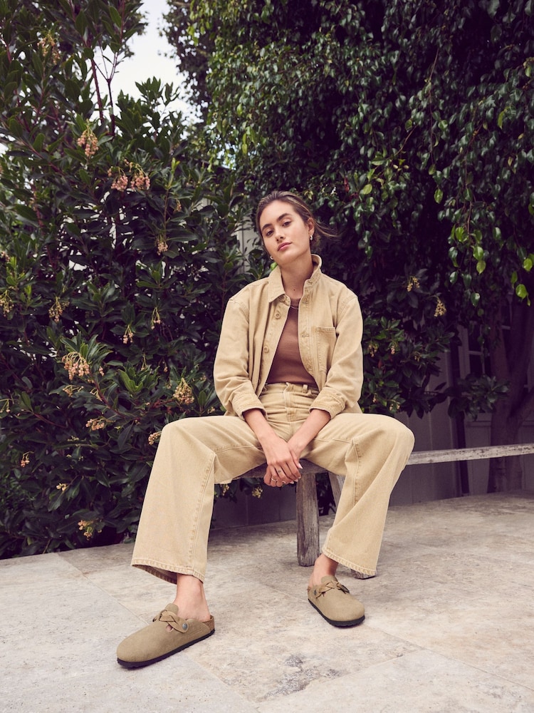Birkenstock Taupe Boston Suede Braided Clogs - Image 4 of 9