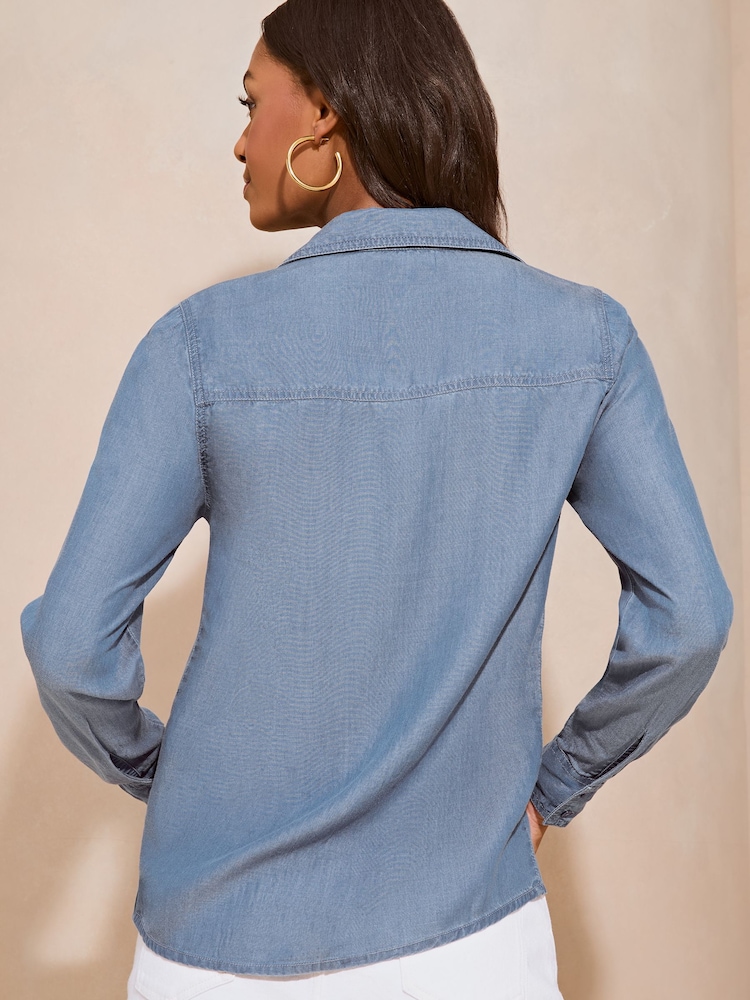Lipsy Blue Open Collar TENCEL™ Button Through Shirt - Image 2 of 4