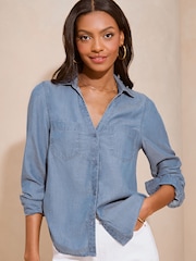Lipsy Blue Open Collar TENCEL™ Button Through Shirt - Image 4 of 4