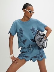 River Island Blue Short Sleeve Cutwork Denim T-Shirt - Image 1 of 4