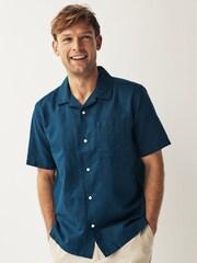 Navy Cuban Collar Linen Blend Short Sleeve Shirt - Image 1 of 7