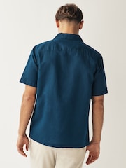 Navy Cuban Collar Linen Blend Short Sleeve Shirt - Image 2 of 7
