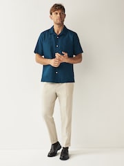 Navy Cuban Collar Linen Blend Short Sleeve Shirt - Image 3 of 7