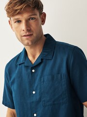 Navy Cuban Collar Linen Blend Short Sleeve Shirt - Image 4 of 7