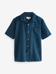 Navy Cuban Collar Linen Blend Short Sleeve Shirt - Image 5 of 7