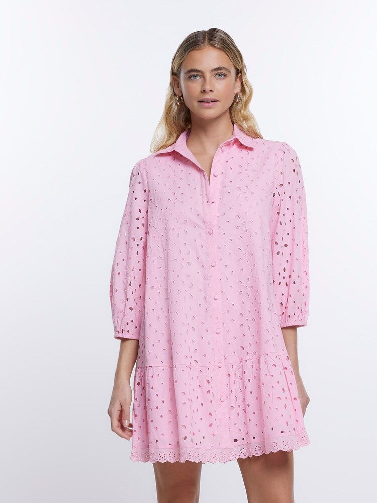 River Island Pink Puff Sleeve 100% Cotton Shirt Dress - Image 1 of 5 River Island Pink Puff Sleeve 100% Cotton Shirt Dress - Image 1 of 5