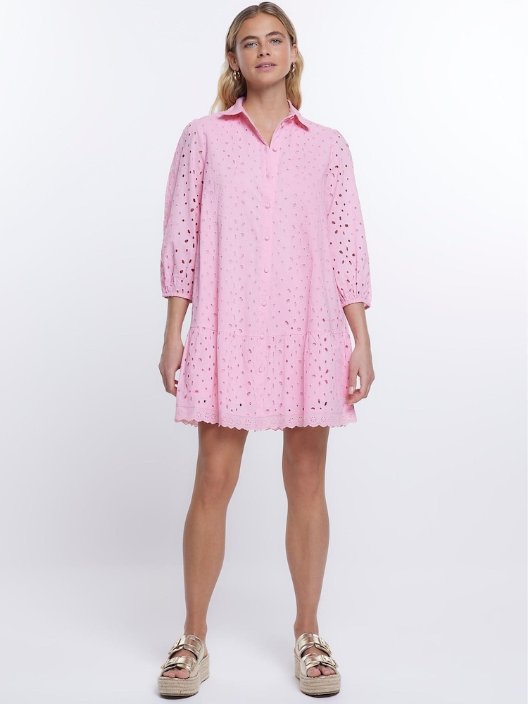 River Island Pink Puff Sleeve 100% Cotton Shirt Dress - Image 2 of 4 River Island Pink Puff Sleeve 100% Cotton Shirt Dress - Image 2 of 4