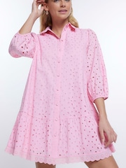 River Island Pink Puff Sleeve 100% Cotton Shirt Dress - Image 3 of 4